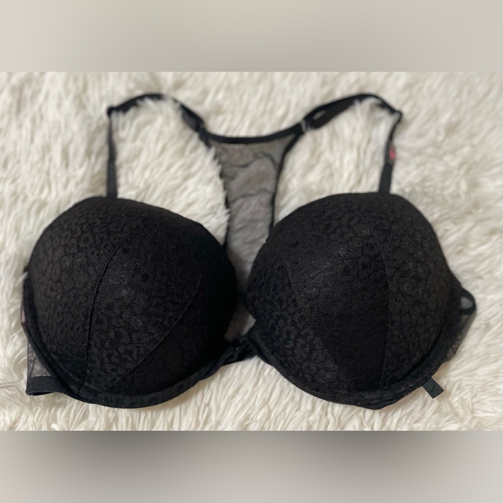 NWT Victorias Secret 38C Black Front Close Push Up Padded Bra Leopard VS Mesh